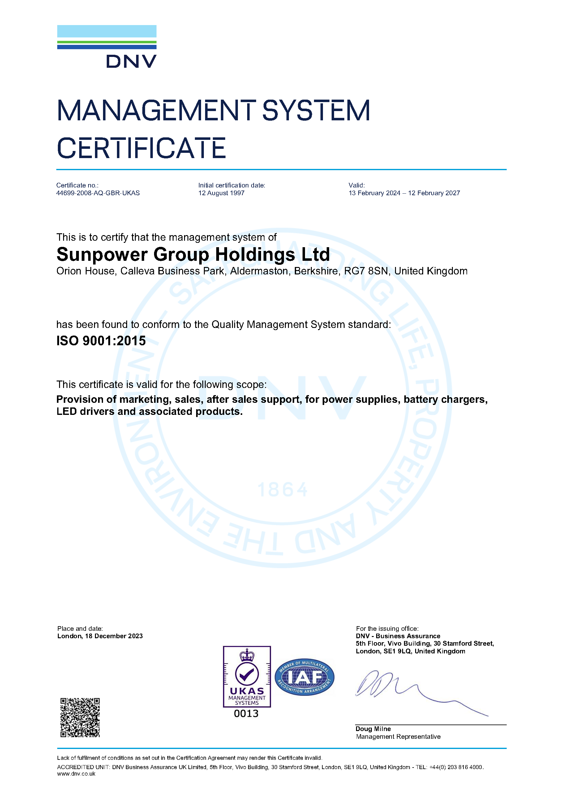 Sunpower Group Holdings Ltd - ISO 9001:2015 DNV Management System Certificate